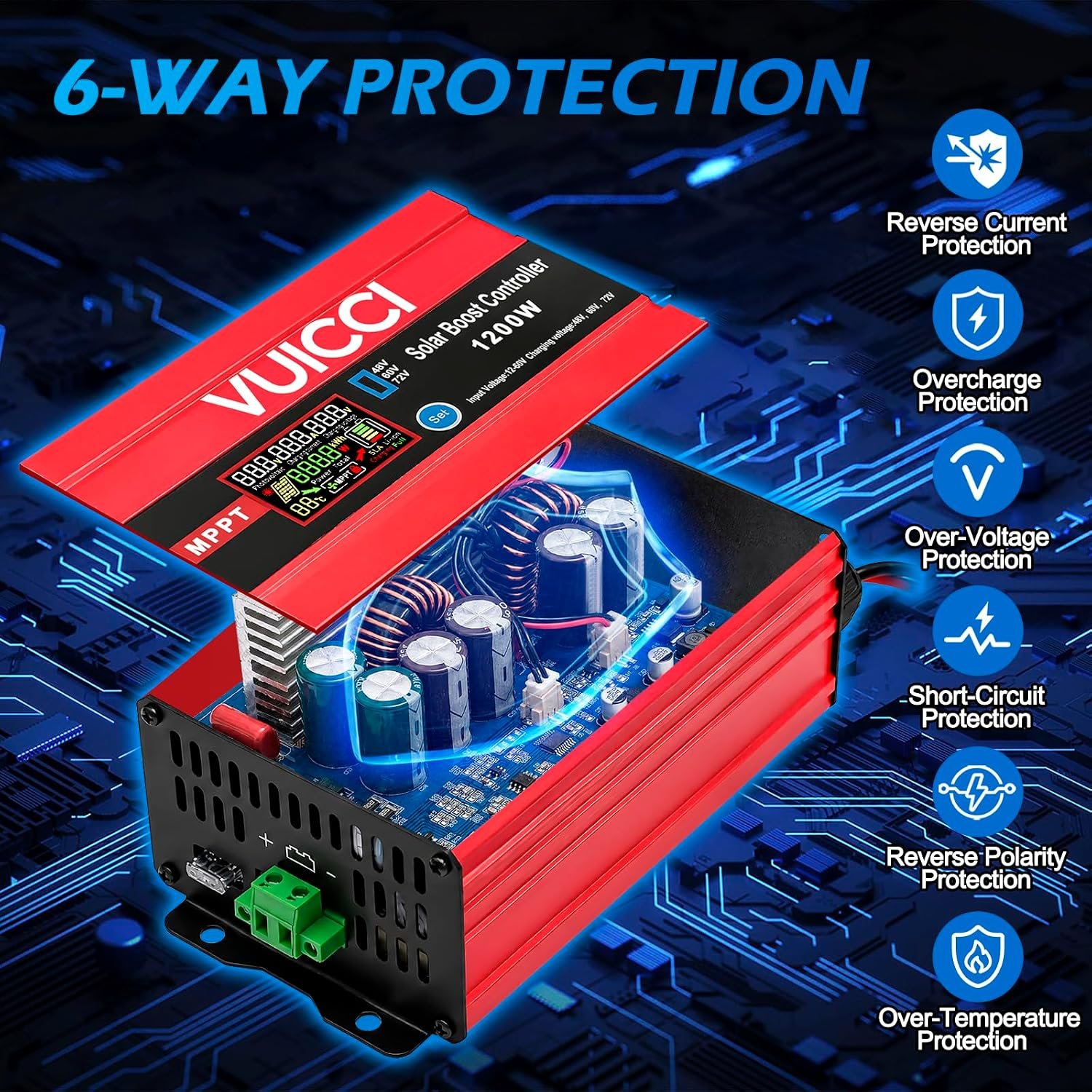 30A Boost MPPT Solar Charge Controller 1200W,48V/60V/72V Step-Up,Max 15A for Lead-Acid & LiFePO4, 99% Tracking 98% Efficiency,Solar Panel Charge Controller for RV Golf Cart Off-Grid PV Panels - Image 3