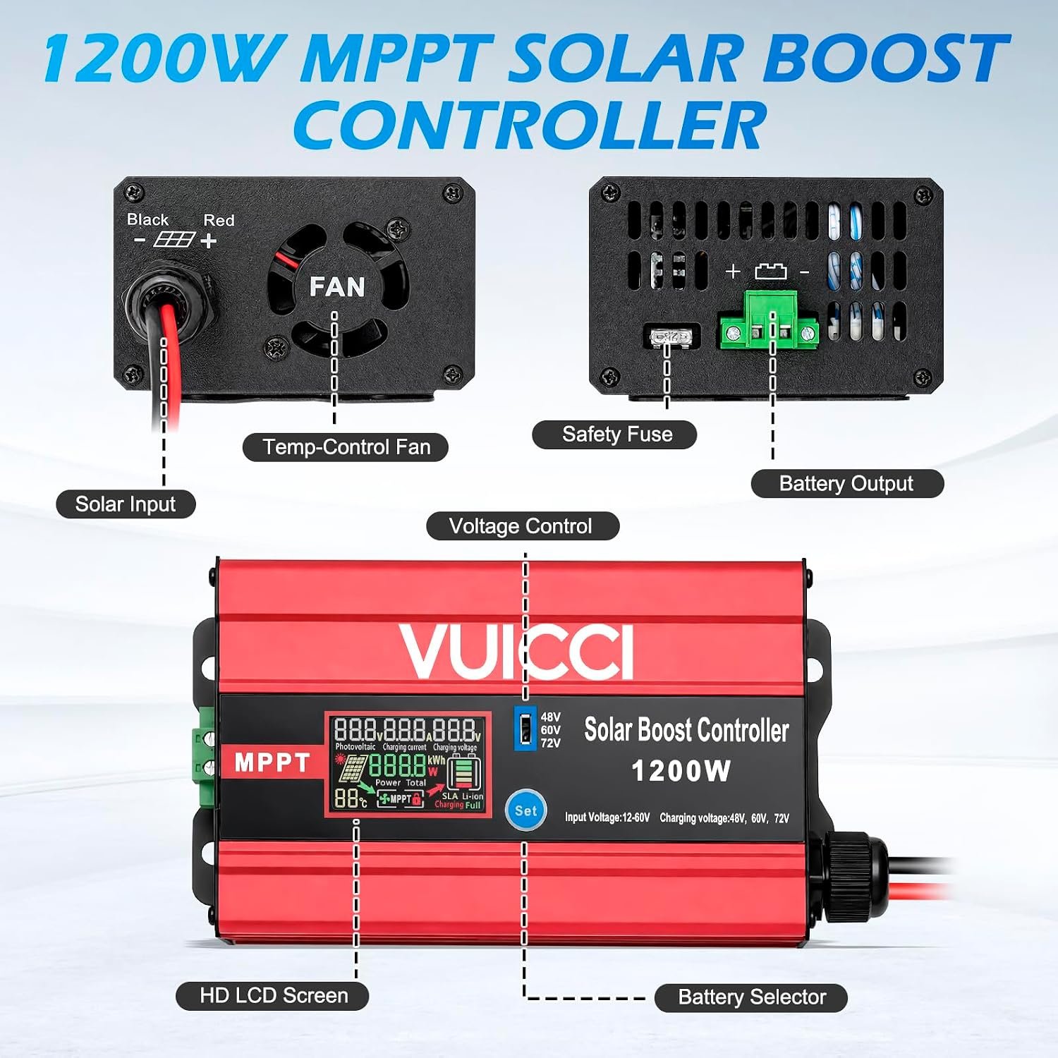 30A Boost MPPT Solar Charge Controller 1200W,48V/60V/72V Step-Up,Max 15A for Lead-Acid & LiFePO4, 99% Tracking 98% Efficiency,Solar Panel Charge Controller for RV Golf Cart Off-Grid PV Panels - Image 6
