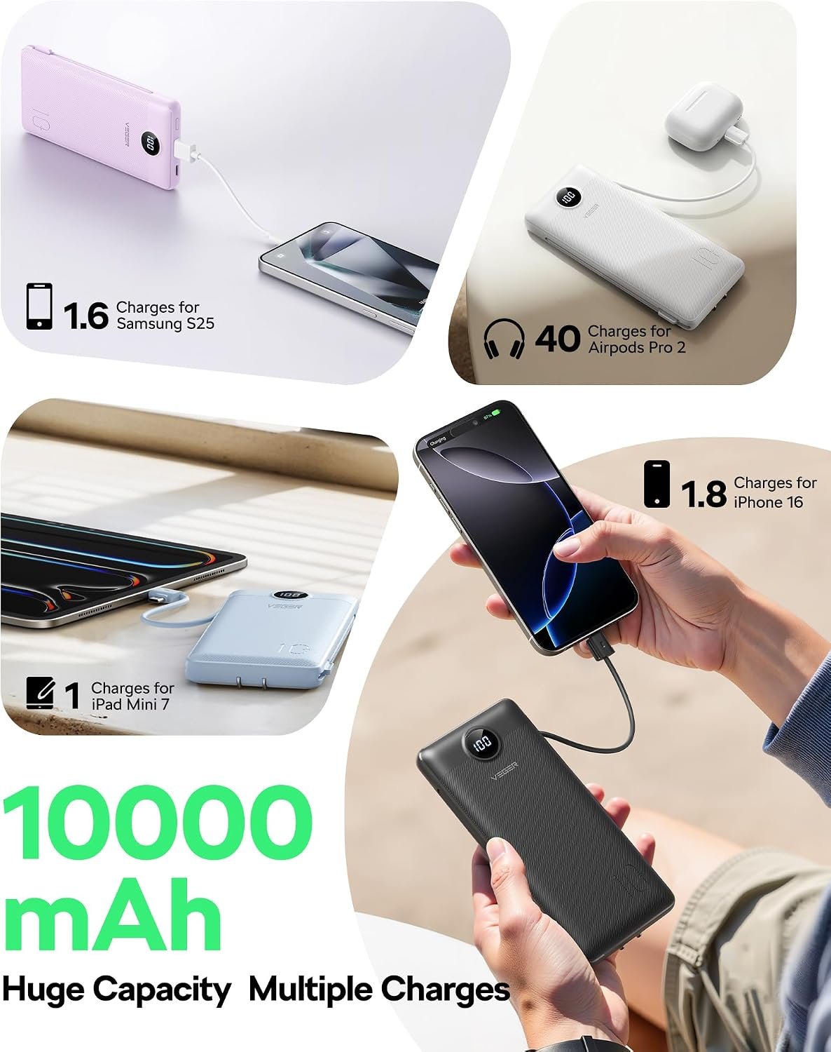 VEGER Portable Charger, 10000mAh Power Bank Built in Wall Plug and Cables | Ultra Slim, Charging 4 Devices Once, Travel Essentials, USB C Battery Pack for iPhone, iPad, Samsung, Android, Purple - Image 4