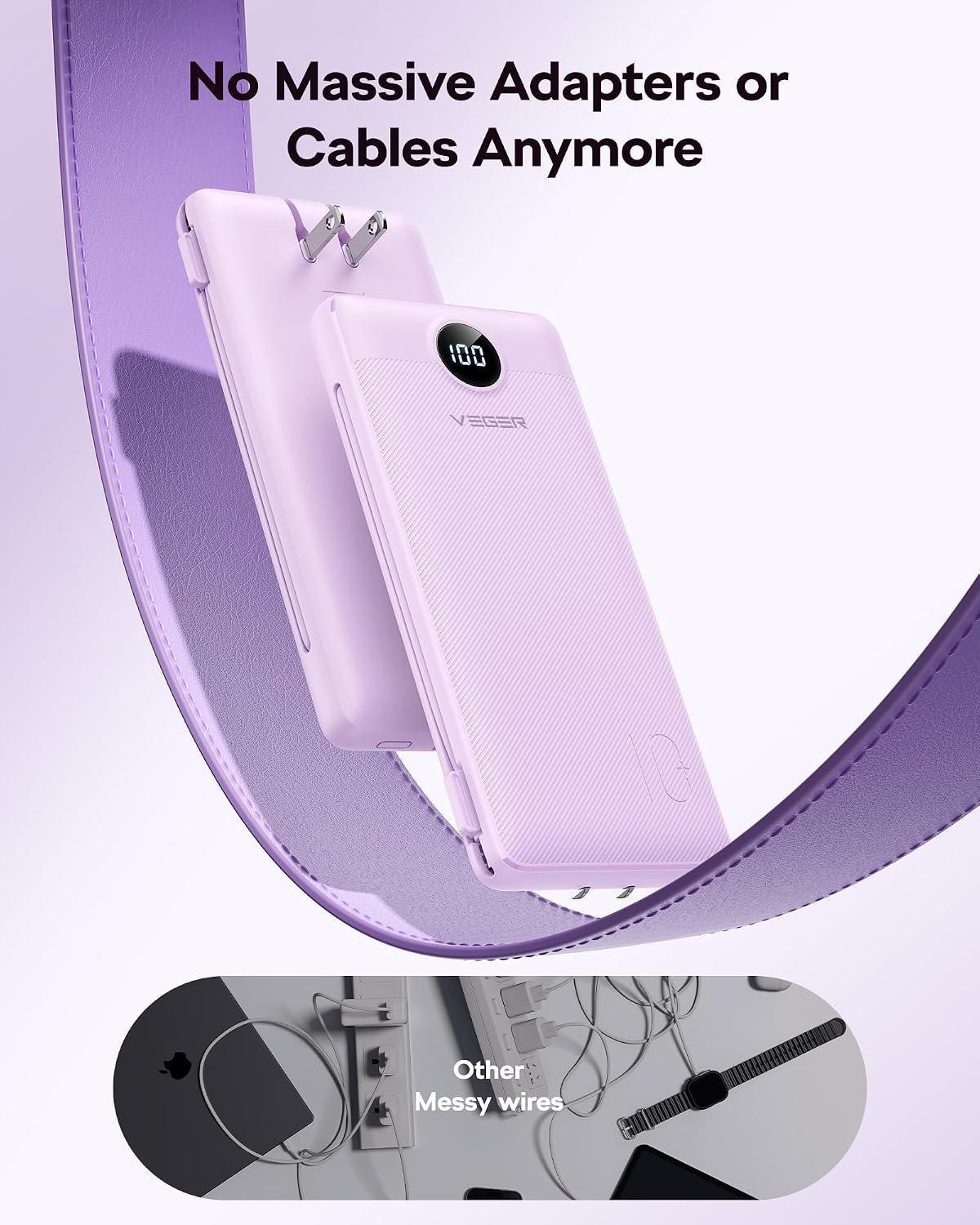 VEGER Portable Charger, 10000mAh Power Bank Built in Wall Plug and Cables | Ultra Slim, Charging 4 Devices Once, Travel Essentials, USB C Battery Pack for iPhone, iPad, Samsung, Android, Purple - Image 8
