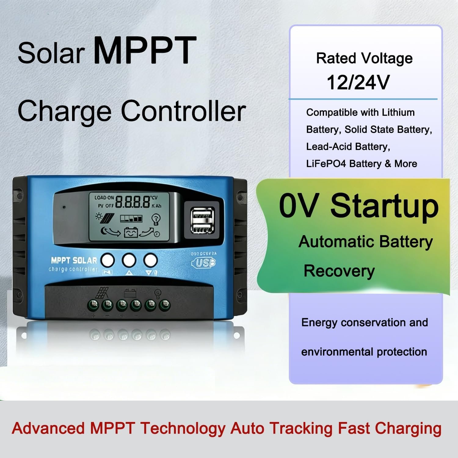 100A MPPT Solar Charge Controller Solar Panel Regulator - Auto-Detect 12V/24V System with Adjustable LCD Display Dual USB Port Timer Setting PWM Auto Parameter Fits for Lead-Acid & Lithium Batteries - Image 2