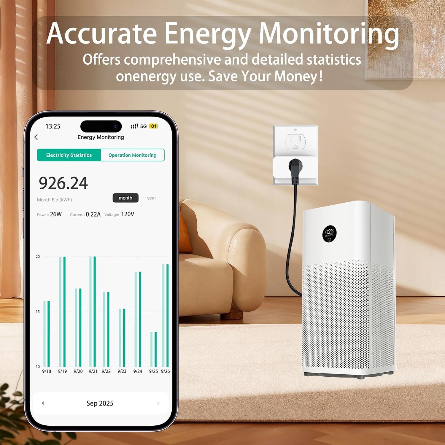 Mini Energy Monitoring Smart Plug, 15A, 2.4 GHz Wi-Fi Outlet, 1-Pack | Tuya Smart App Control, Alexa and Google Assistant Voice Control, 1800W Max Load, Custom Schedules, ETL Listed, FCC Certified - Image 2
