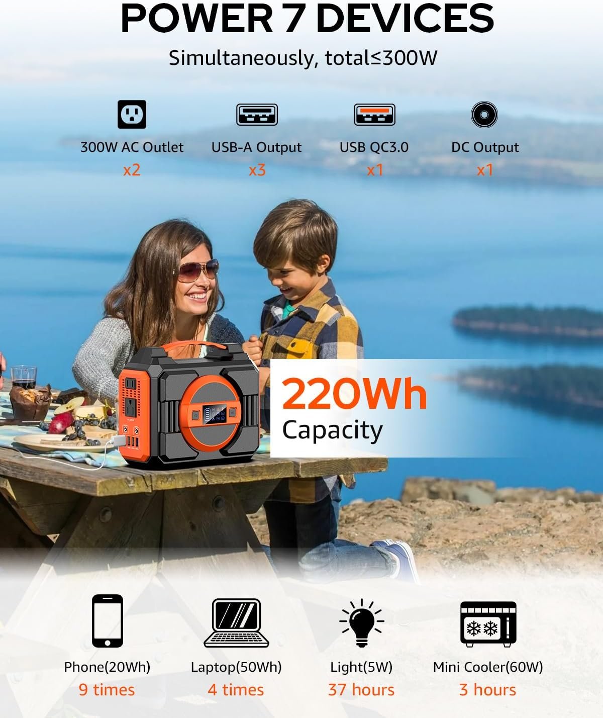 Portable Solar Generator, 300W Portable Power Station with 40W Solar Panel | 220Wh Lithium Battery Power Pack with Pure Sine Wave AC Outlet, Solar Powered Generator for Outdoor Camping RV Van Travel - Image 4