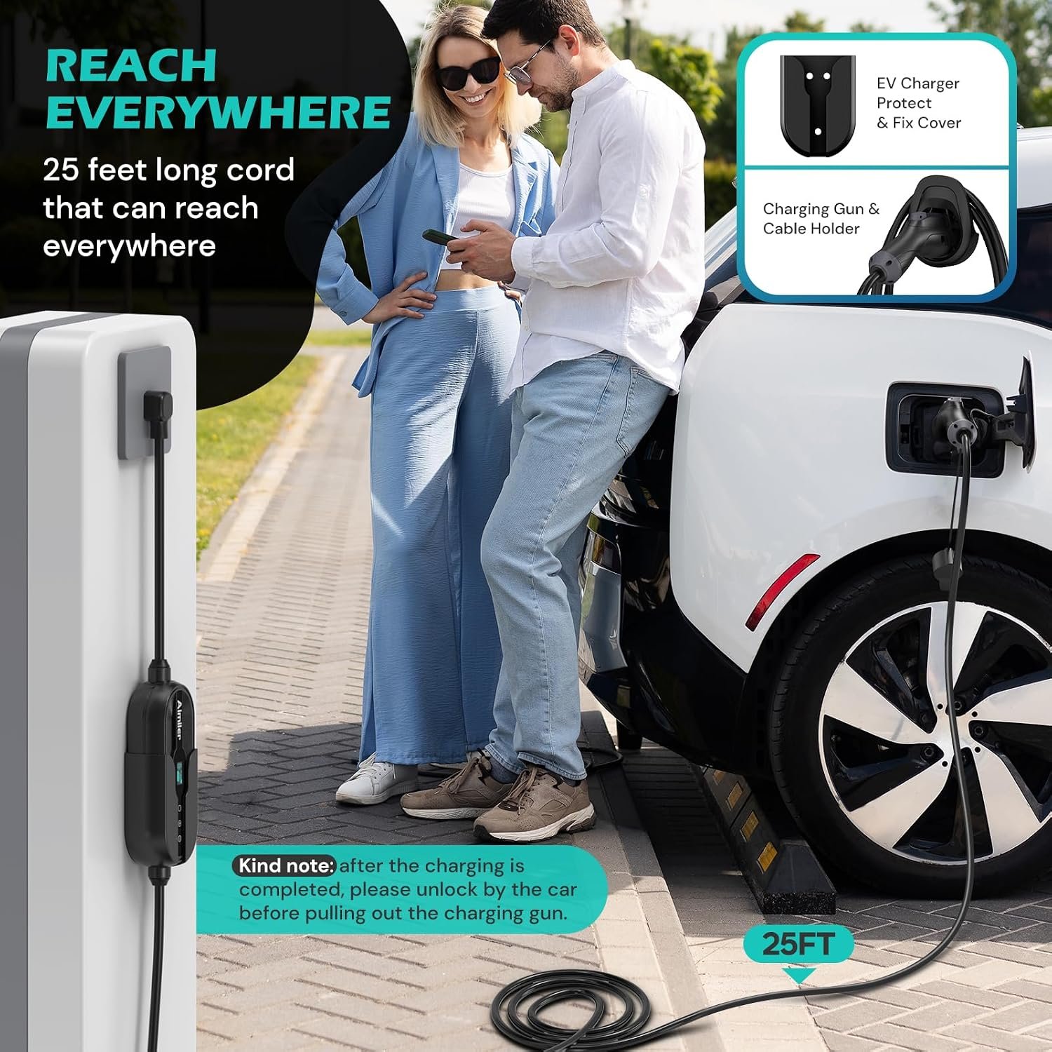 Level 2 Electric Vehicle (EV) Charger(WiFi APP/Plug-Play), 40A, 25ft Cable ETL Certified, 220V-240V NEMA 14-50P Plug EVSE w/ J1772 Connector, Portable EV Car Charging Stations (Jet) - Image 5