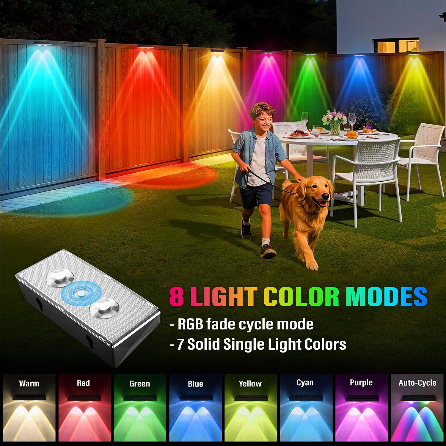 Solar Fence Lights Outdoor, 16 Pack Fence Lights Solar Powered Waterproof IP67 with 8 Color Modes, Dusk to Dawn Auto-Work Solar Lights for Wall, Patio, Garden, Backyard - Image 2