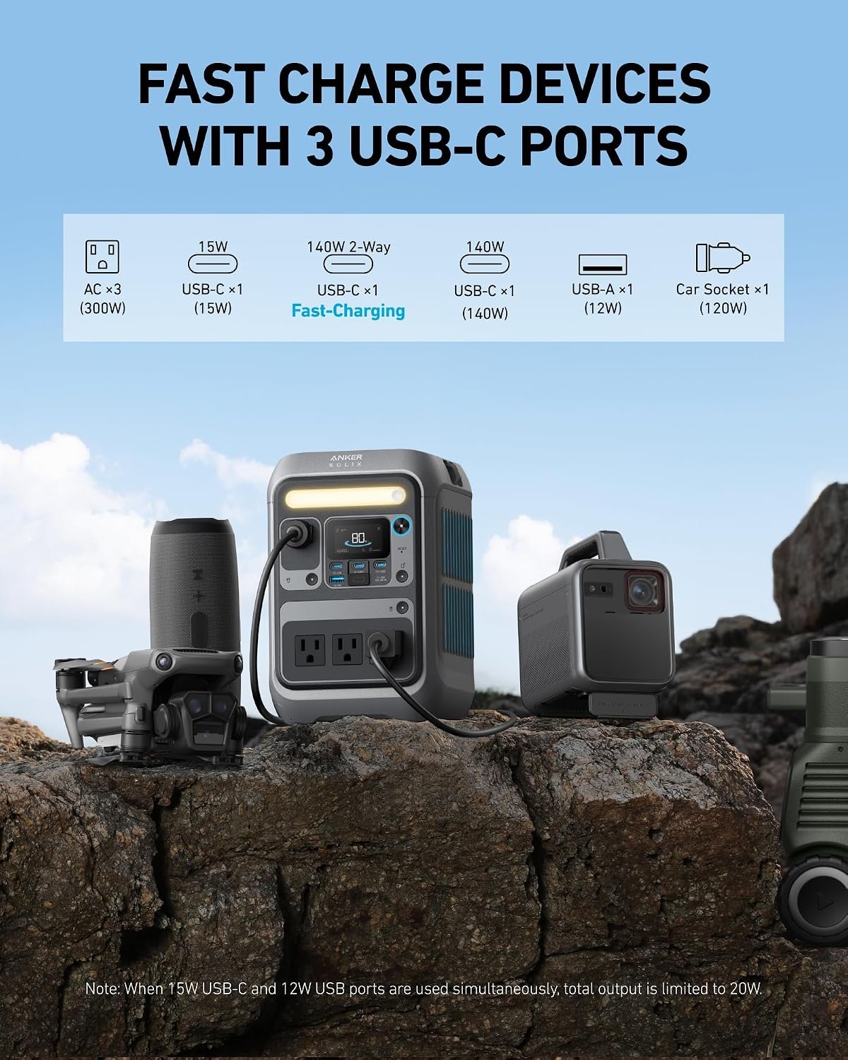Anker SOLIX C300 Portable Power Station with 60W Solar Panel, 288Wh, 300W | 288Wh LiFePO4 Battery, 300W (Peak 600W), 140W Two-Way Fast Charging, Solar Panel-Ready, for Outdoor and Emergency Use - Image 2