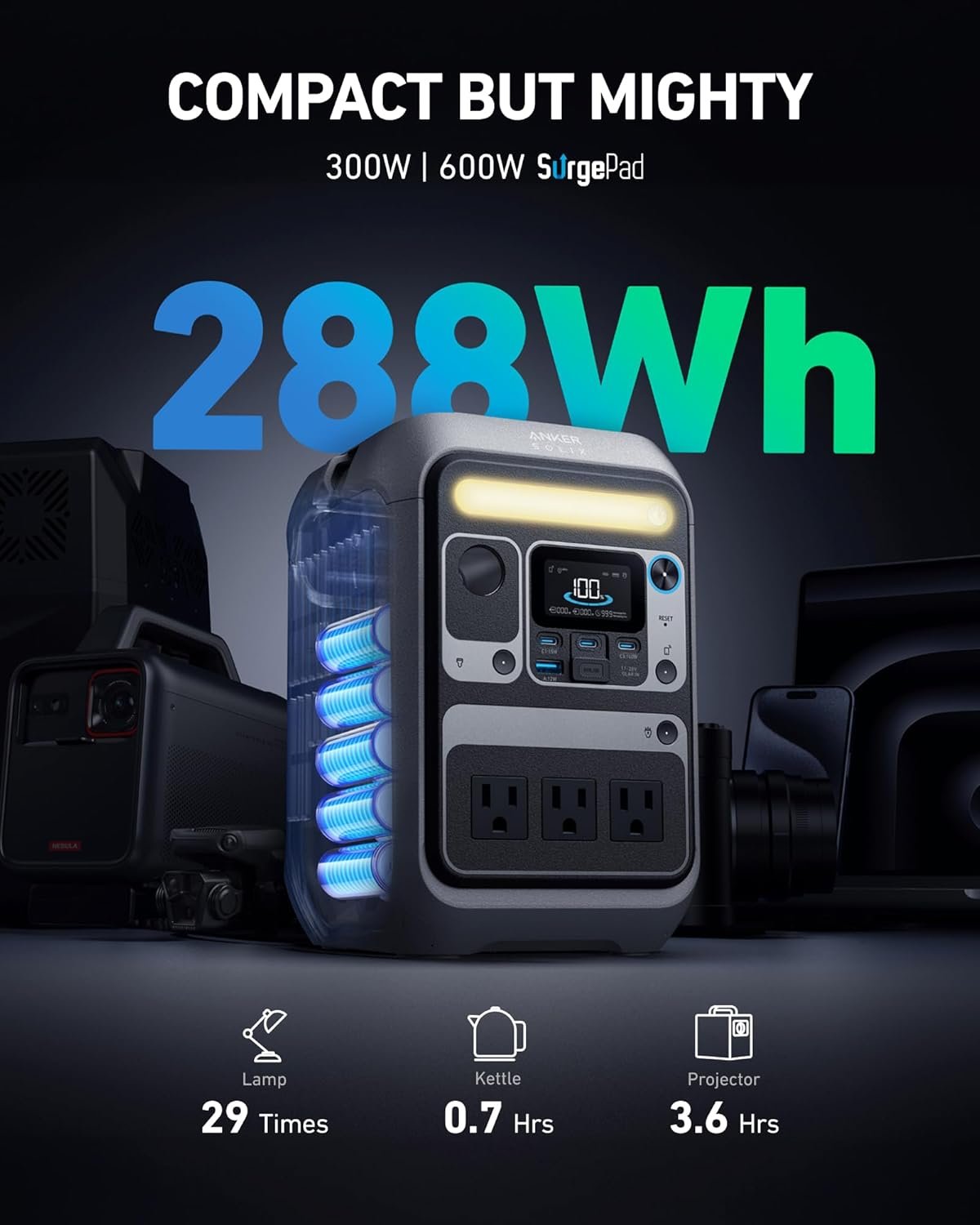 Anker SOLIX C300 Portable Power Station with 60W Solar Panel, 288Wh, 300W | 288Wh LiFePO4 Battery, 300W (Peak 600W), 140W Two-Way Fast Charging, Solar Panel-Ready, for Outdoor and Emergency Use - Image 3