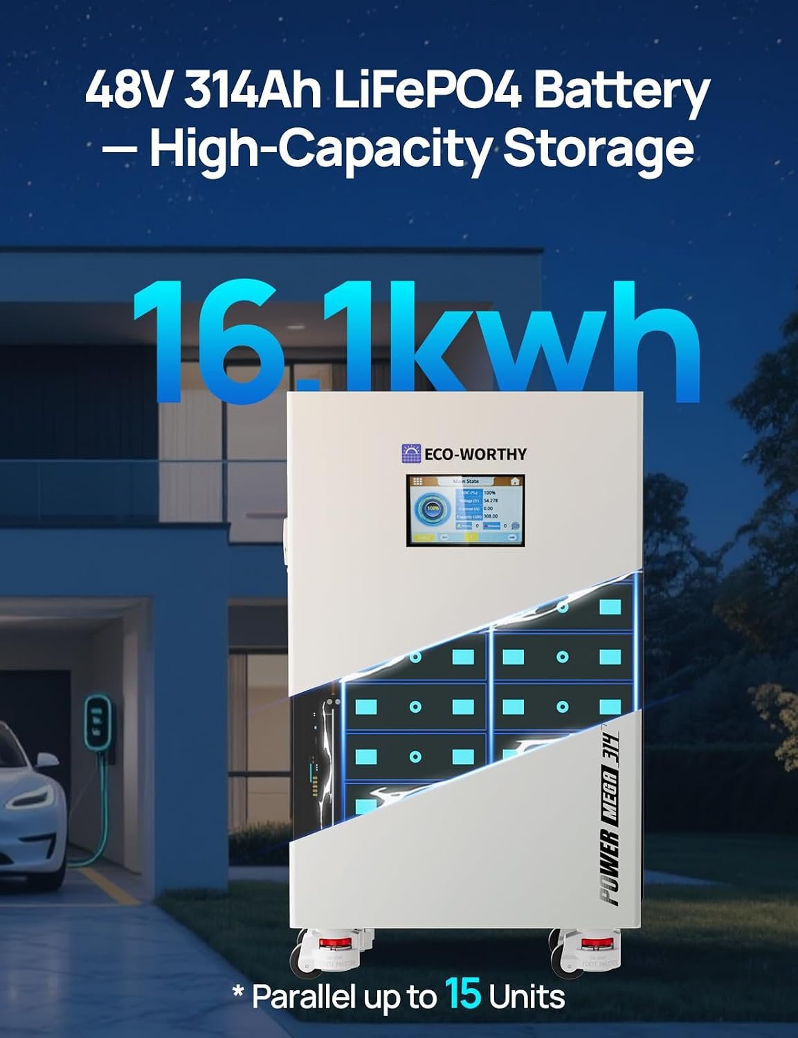 ECO-WORTHY Powermega 48V 314Ah(2 Pack) LiFePO4 Energy Storage System with Liber 10KP 10kW Hybrid Inverter, Active Balancing BMS, Battery Built-in Bluetooth&WiFi, Communication for Off-Grid&Home Backup - Image 6