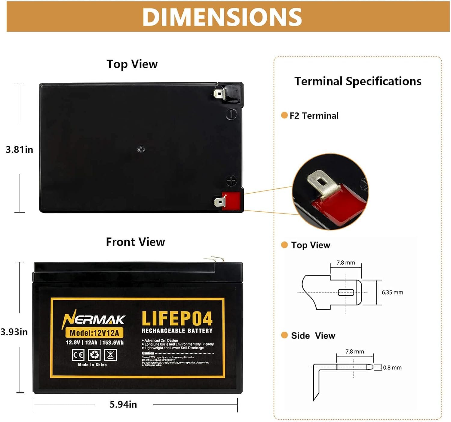NERMAK 12V 12Ah LiFePO4 Deep Cycle Battery, 2000+ Cycles Lithium Iron Phosphate Rechargeable Battery for Power Wheels, Fish Finder, Solar and More, Built-in 15A BMS - Image 2