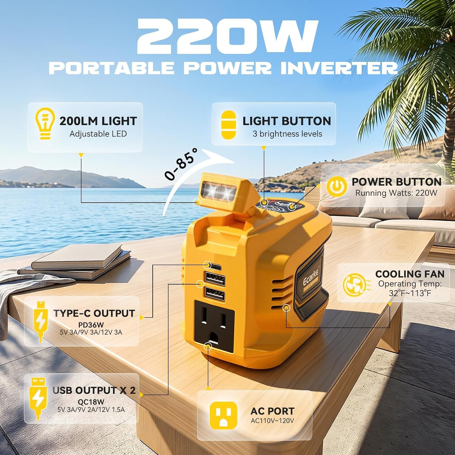 Ecarke 220W Power Inverter Compatible with DeWALT 20V Battery (Tool Only), DC 20V to AC 110V Power Station with 1 AC Outlet, 2 USB-A, 1 Type-C & LED Light for Camping Outdoor Emergency(2-Pack) - Image 3