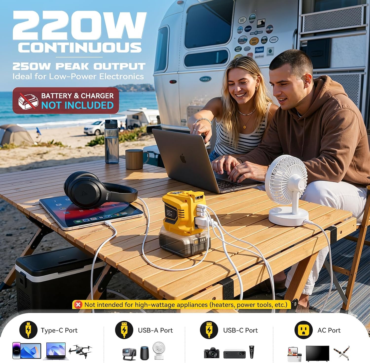 Ecarke 220W Power Inverter Compatible with DeWALT 20V Battery (Tool Only), DC 20V to AC 110V Power Station with 1 AC Outlet, 2 USB-A, 1 Type-C & LED Light for Camping Outdoor Emergency(2-Pack) - Image 5