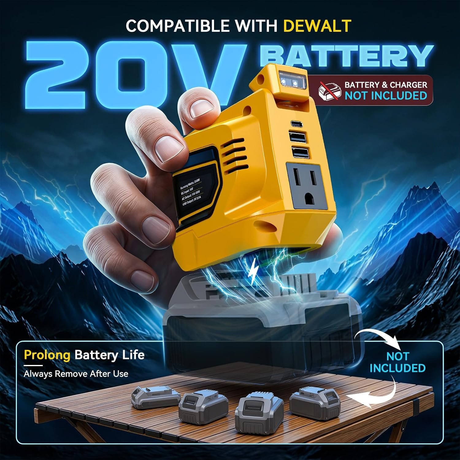 Ecarke 220W Power Inverter Compatible with DeWALT 20V Battery (Tool Only), DC 20V to AC 110V Power Station with 1 AC Outlet, 2 USB-A, 1 Type-C & LED Light for Camping Outdoor Emergency(2-Pack) - Image 10