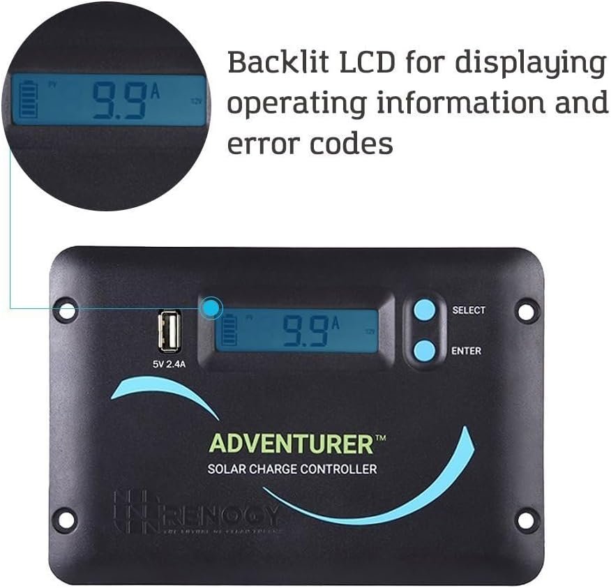 Renogy 30A 12V/24V PWM Solar Charge Controller with LCD Display Flush Mount Design Negative Ground, Compatible with Sealed, Gel, Flooded and Lithium Batteries, Adventurer 30A,black | 50V PV input, LCD,AGM/Gel/Flooded (auto), Li (manual), overcharge/short protection, USB 2.4A, flush-mount,for RVs/off-grid - Image 2