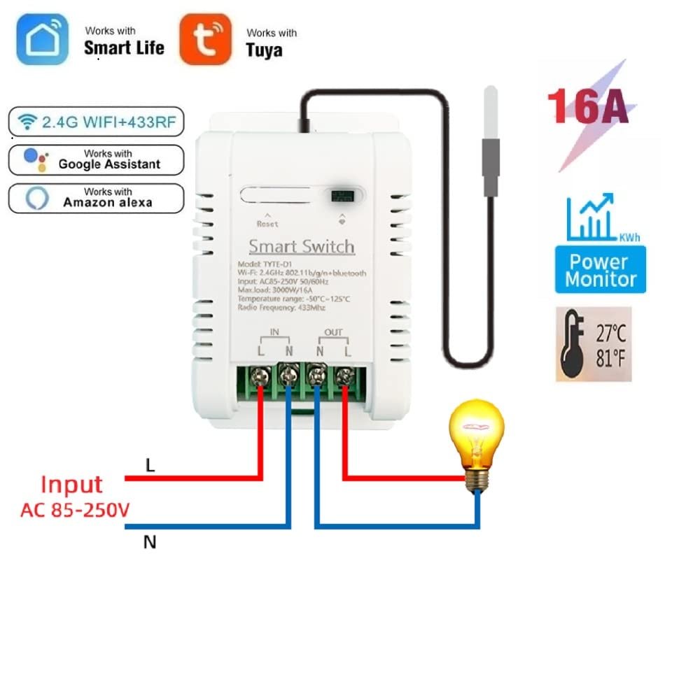 WiFi Temperature Controller Sensor Module, Tuya app Wireless Remote 16A Smart Switch with Energy Consumption Monitoring,Compatible with Alexa Google - Image 2