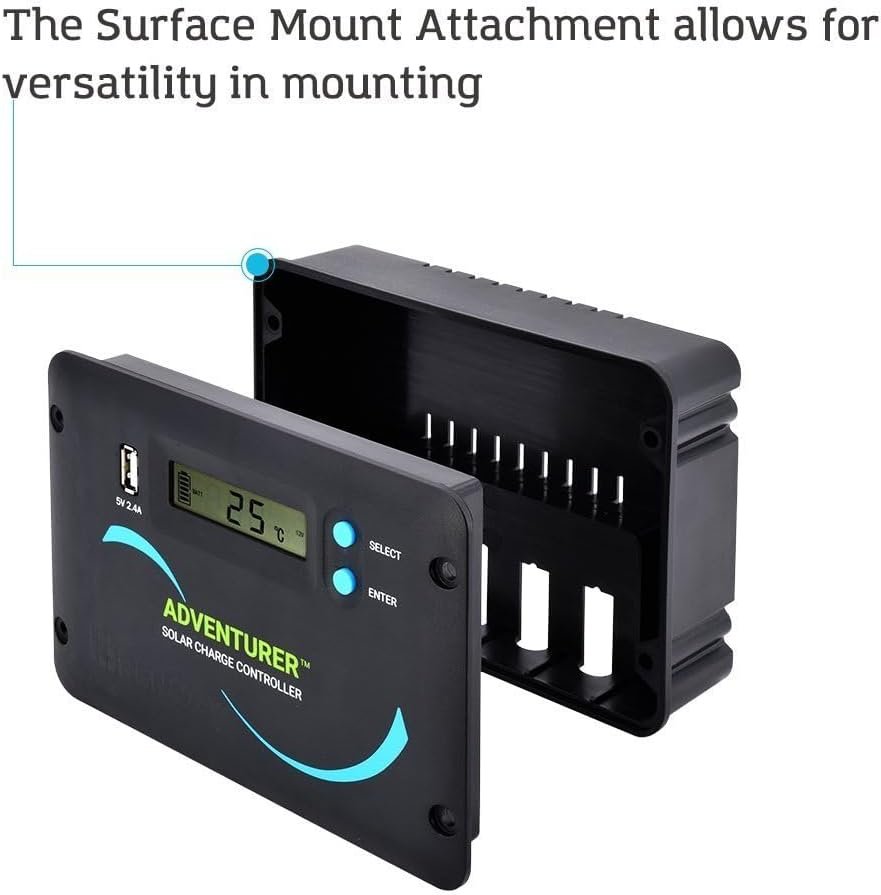 Renogy 30A 12V/24V PWM Solar Charge Controller with LCD Display Flush Mount Design Negative Ground, Compatible with Sealed, Gel, Flooded and Lithium Batteries, Adventurer 30A,black | 50V PV input, LCD,AGM/Gel/Flooded (auto), Li (manual), overcharge/short protection, USB 2.4A, flush-mount,for RVs/off-grid - Image 3
