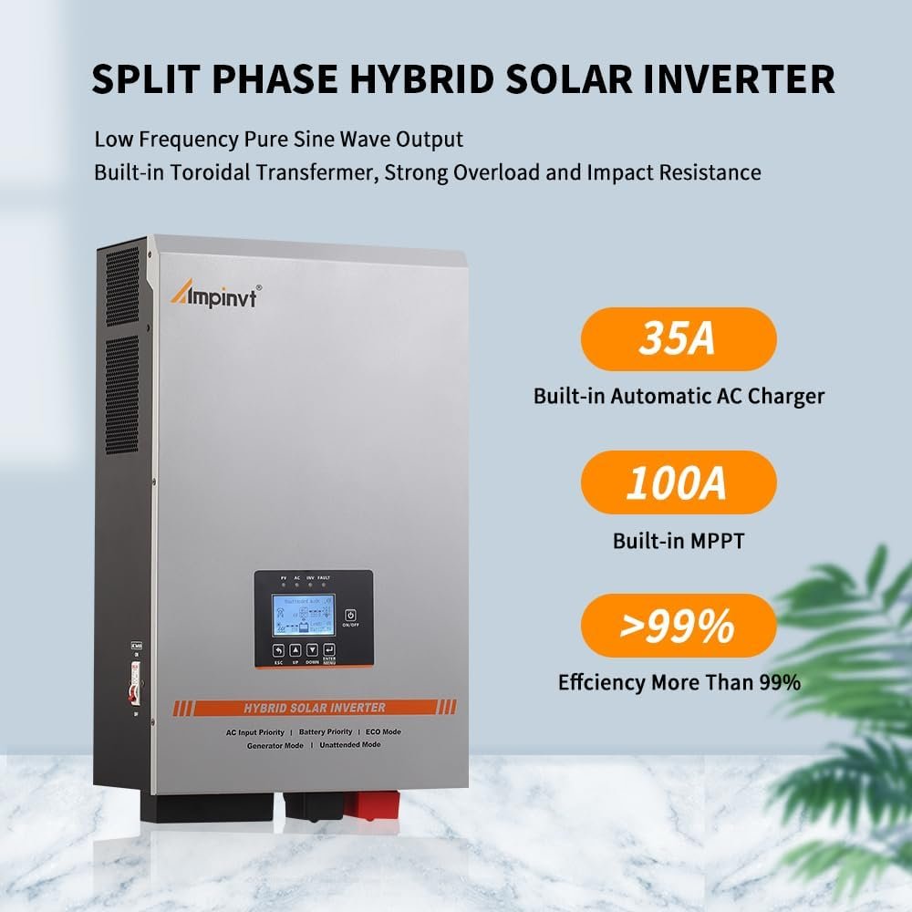 Ampinvt 6000W Solar Inverter 48V DC to 120V/240V AC Split Phase Output, Built-in 100A MPPT Solar Controller, Off Grid Low Frequency Pure sine Wave Inverter Charger, for Lead Acid Lithium Gel Battery - Image 2