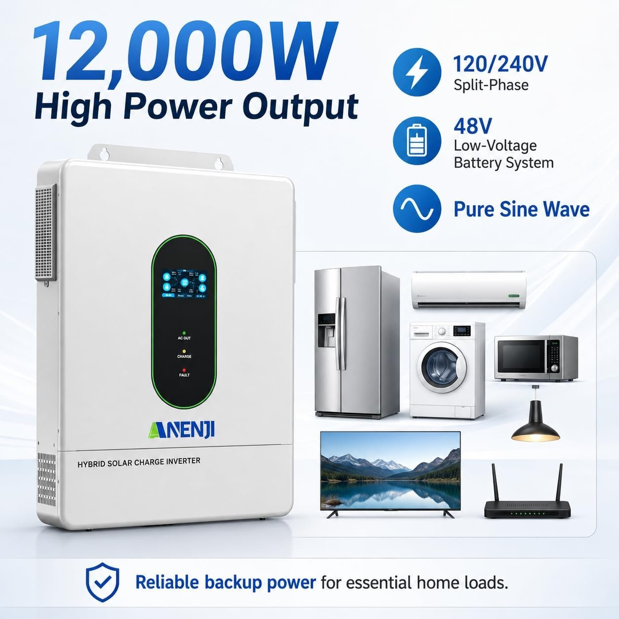 12000W Hybrid Solar Inverter 48V DC to 110/220V AC, Pure Sine Wave | Single Phase Split Phase Power Inverter, Built-in 2 MPPT Controller, Max. 220A Battery Charging, Parallel 6 Units, UL1741 - Image 4