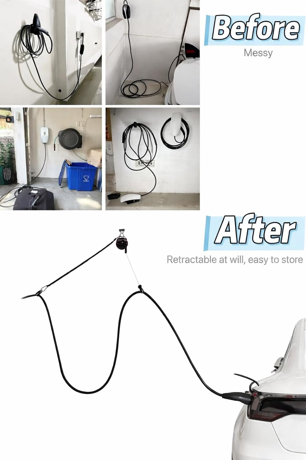 EV Charger Retractable Cord Reel, Overhead EV Charging Cable Organizer for Garage, 6.6 ft Reach, Ceiling or Wall Mount, Compatible with Tesla NACS & Most J1772 Cables - Image 4