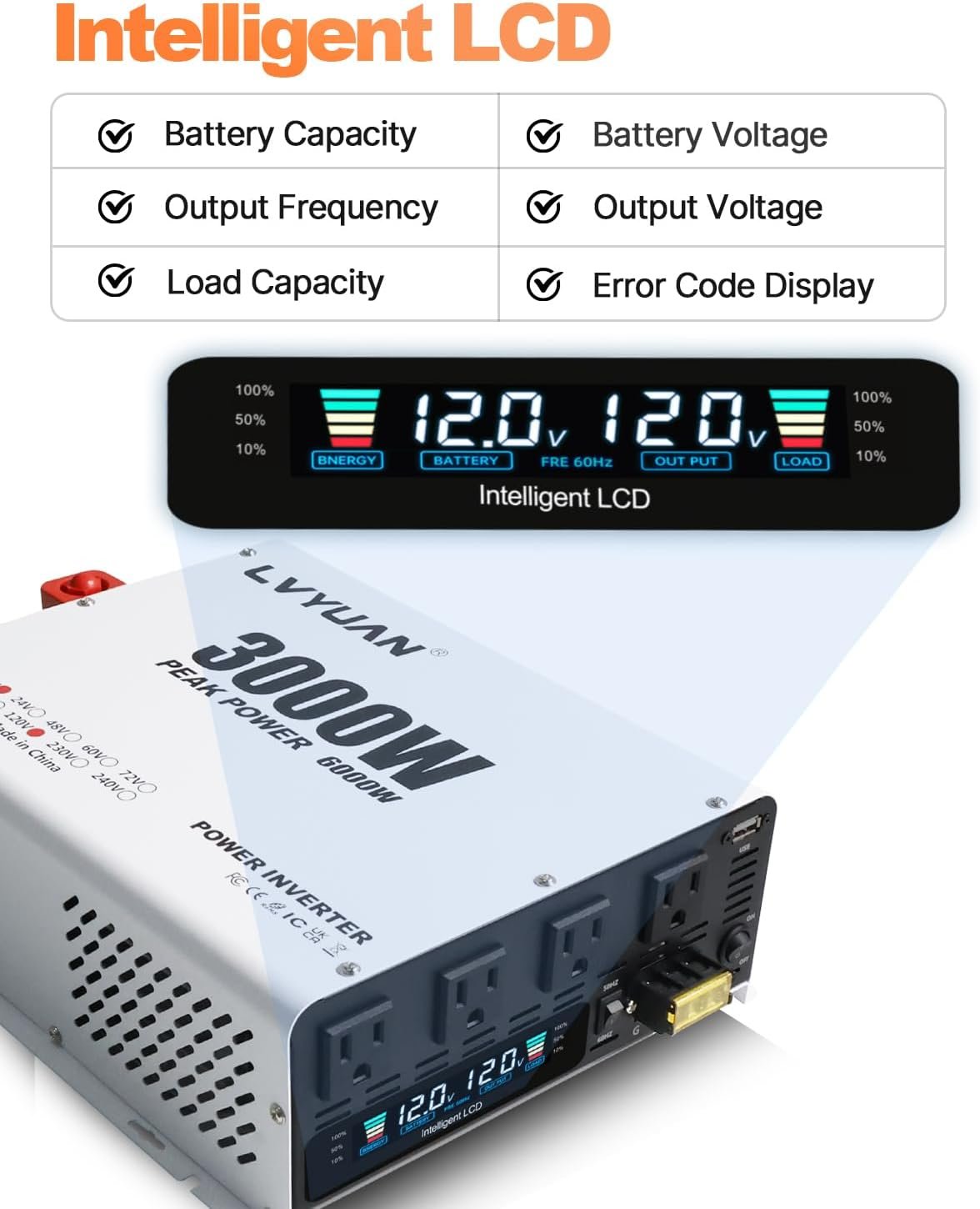 LVYUAN 3000 Watt Power Inverter 12V to 110V 120V DC to AC Converter for Home RV Vehicle Outdoor Camping Car Power Inverter with 4 AC Outlets, LCD Display, USB Charge Port, Remote Control - Image 8