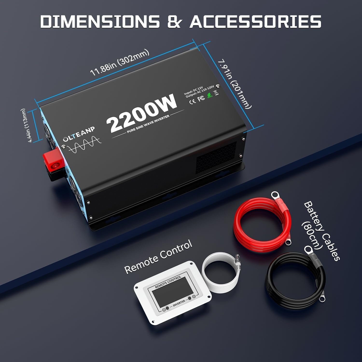 2200 Watts Pure Sine Wave Inverter 12V DC to 110V AC, 4400W Peak Power, 4 AC Outlets, USB & Type-C Port, Adjustable Input for Lithium Battery, RV/Truck/Boat/Solar Backup with LCD Remote - Image 8