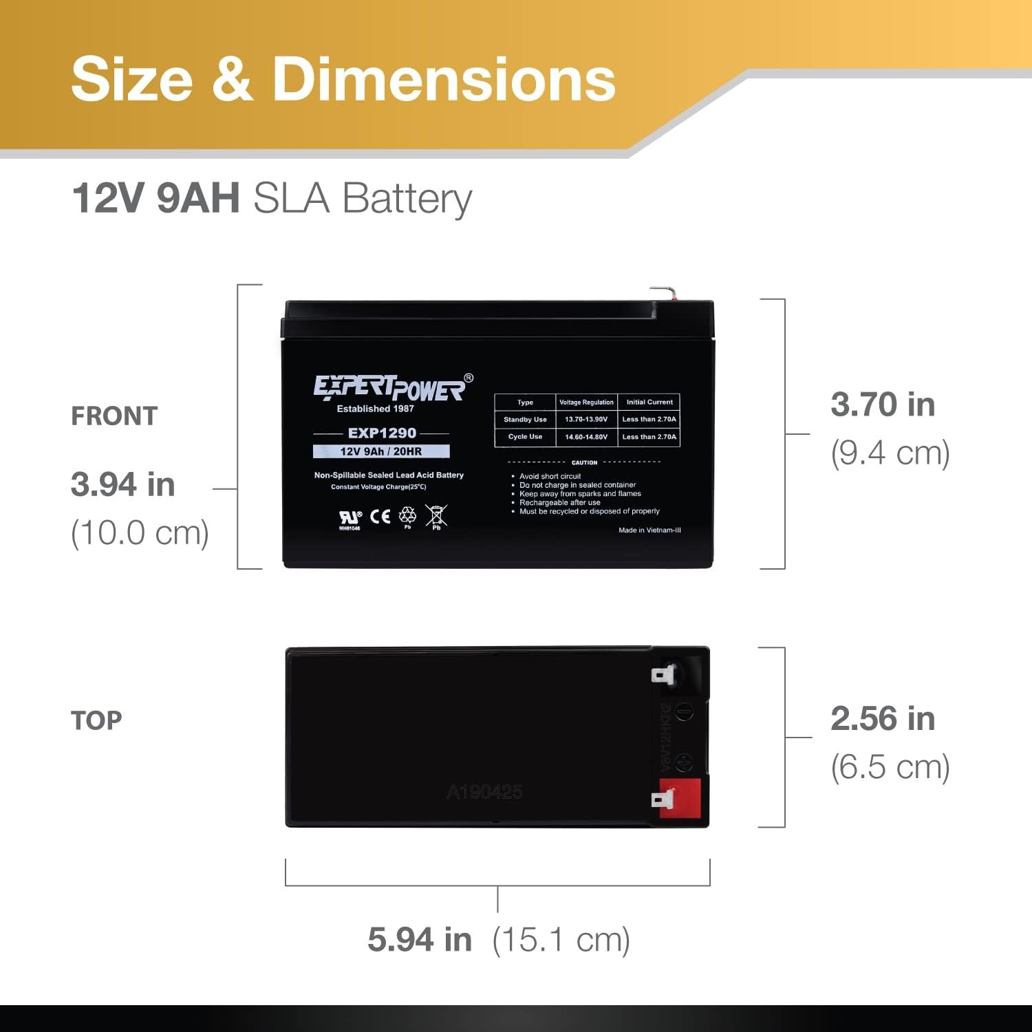 ExpertPower EXP1290, 2 Pack 12V 9AH SLA AGM Rechargeable 12V Battery Backup | 12 Volt Batteries for Alarm, Speaker, Ride on Toys, APC Backup UPS Battery Replacement, Replaces UB1290, F2 Terminals - Image 2