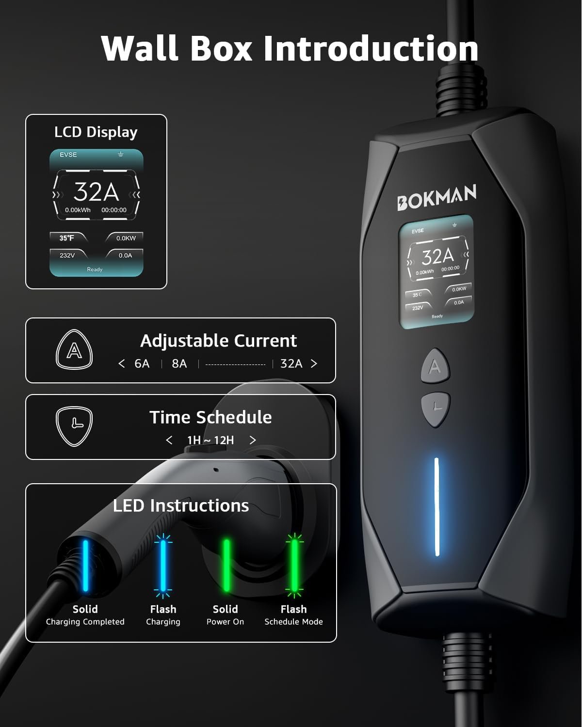 bokman Level 1 & Level 2 EV Charger, 32A 20ft, NEMA 14-50P/5-15 Adapter | Dual 120V/240V, Adjustable 6-32A & 1-12H Delay timer, IP65, J1772 Connector - Image 3