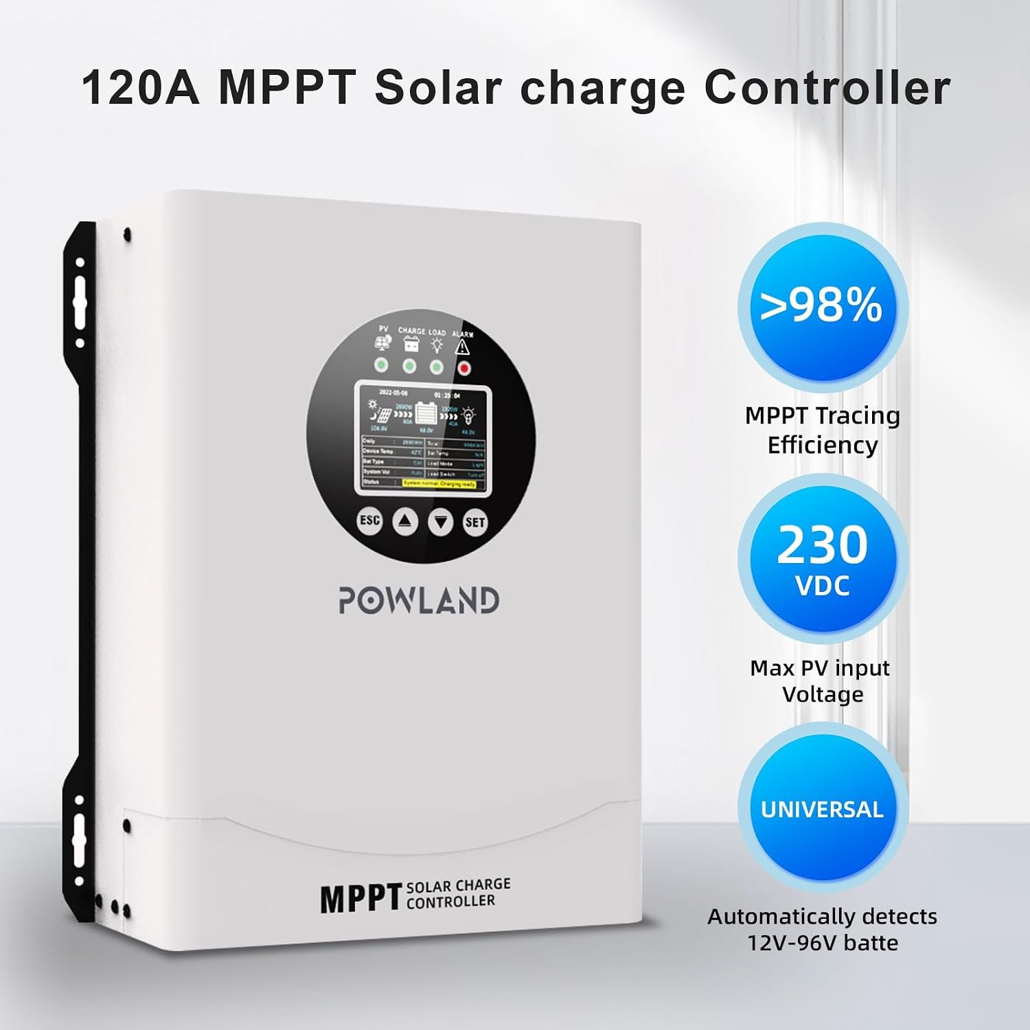 POWLAND 120A MPPT Solar Charge Controlle 12V/24V/36V/48V/60V/72V/84V/96V Auto,Max Input 230V Solar Charger, LCD Display Intelligent Regulator for AGM, Gel, Lithium ect - Image 2