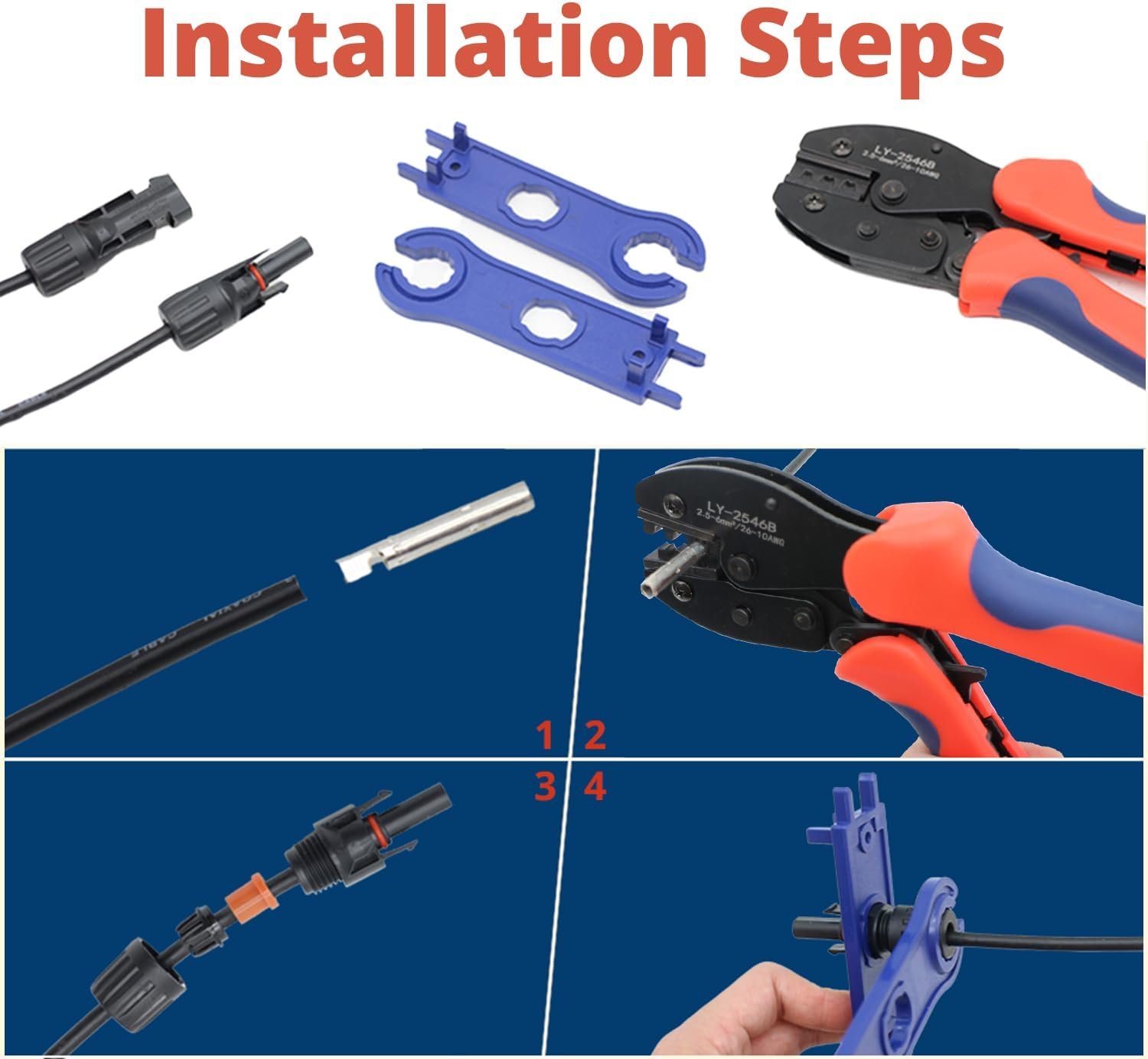 MC-4 Connector kit Solar Cable Connector kit 12 Pairs of Solar connectors and 2 Spanner Wrenches Along with a Wire Crimper Photovoltaic System Connector kit - Image 5