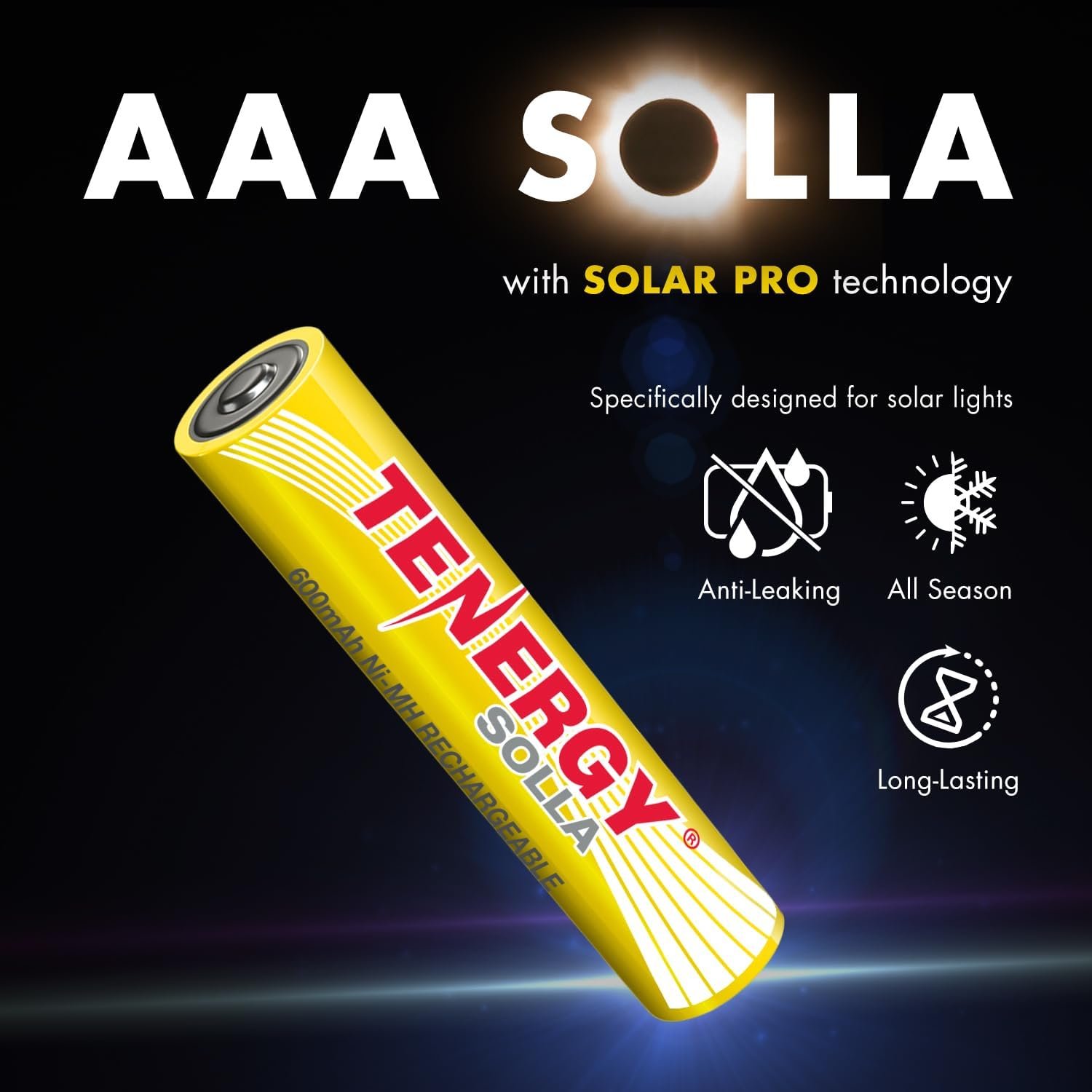 Tenergy Solla AAA Rechargeable NiMH Battery, 600mAh Solar Batteries for Outdoor Solar Lights, Patio Lights, Anti-Leak, 5+ Years Performance, 12 Pack, UL Certified - Image 2