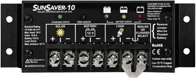 Morningstar SunSaver 10A PWM Solar Charge Controller (SS-10-12V) - Solar Panel Regulator for 12V Batteries, Four Stage Battery Charging, HazLoc Rated, Low Noise, 5 Year WTY - Designed in The USA | Four-stage charging, temp compensation, HazLoc rated, load control, reverse polarity protection, 5-year warranty