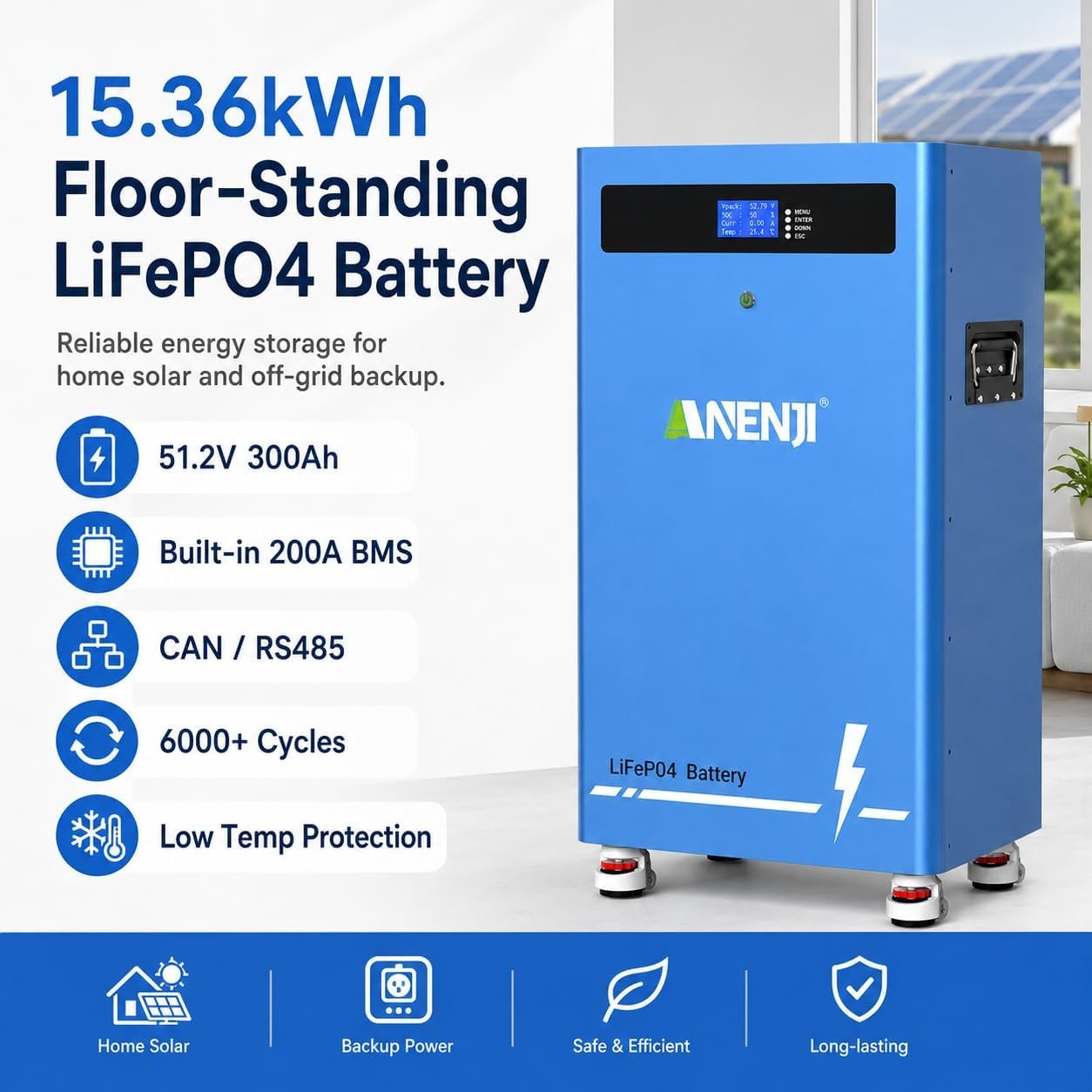51.2V 300Ah LiFePO4 Lithium Battery, 15.36kWh 48V Solar Battery with Built-in 200A BMS, CAN/RS485 Communication, Deep Cycle Battery for Home Energy Storage, RV, Off-Grid - Image 2
