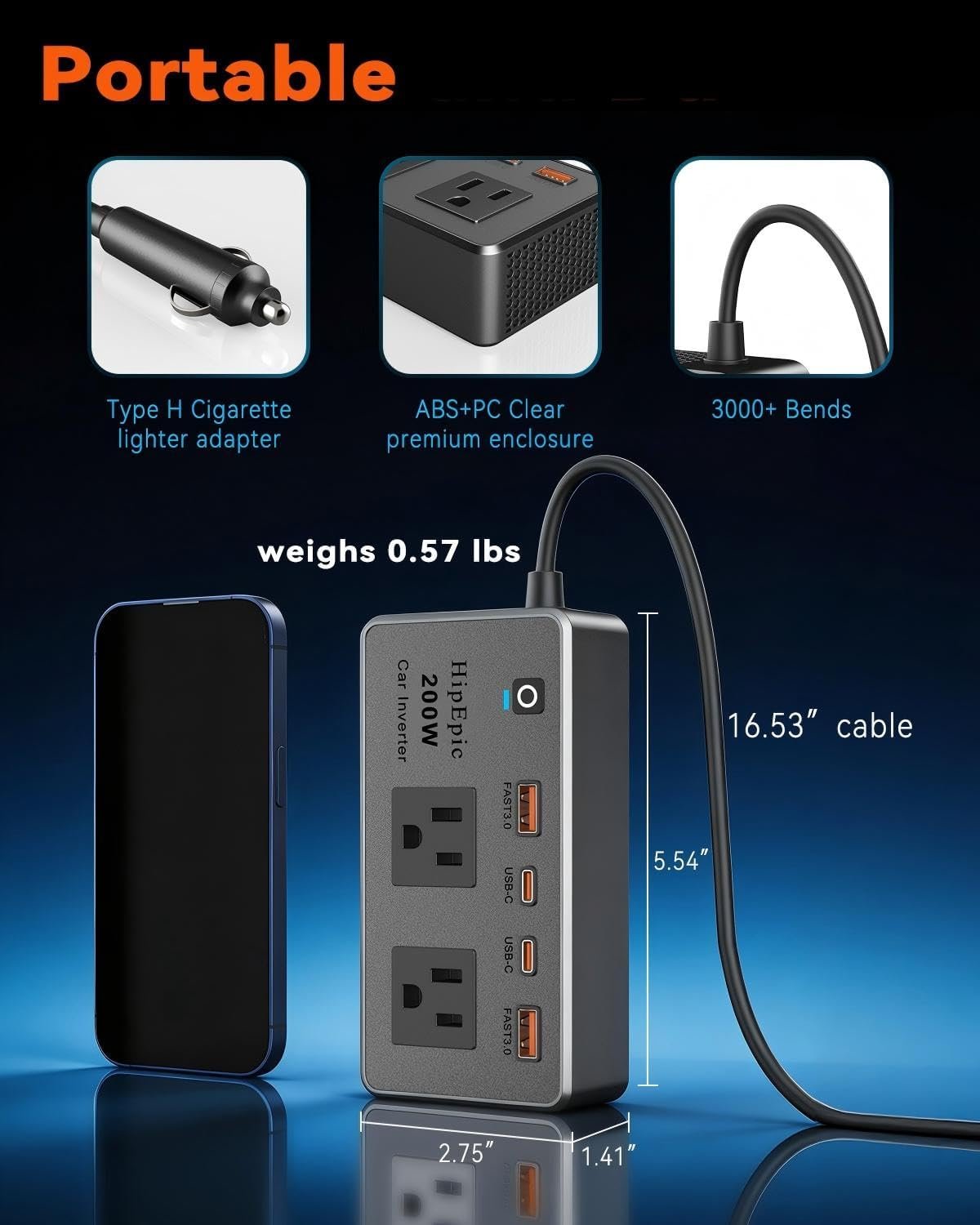200W Multi-Port Car Power Inverter,Small Auto Outlet Adapter | Portable Inverters for Vehicle-24W USB A/C&3 Plug for Laptop,12V DC to 110V/120V AC,Work with Standard Car Cigarette Lighters - Image 7
