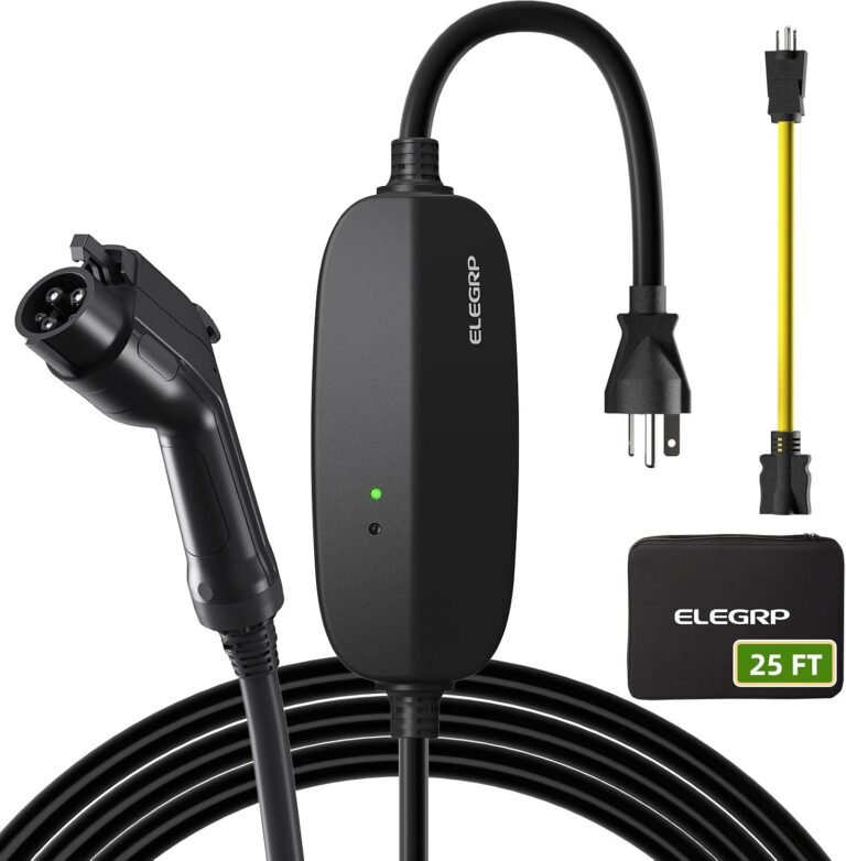 ELEGRP Level 1/2 EV Charger, 16 Amp, Portable J1772 Charger, 25FT Cable, NEMA 6-20 & 5-15 Adapter, Electric Car Charger 110V-240V for BEVs PHEVs, PBE & LRC Technology