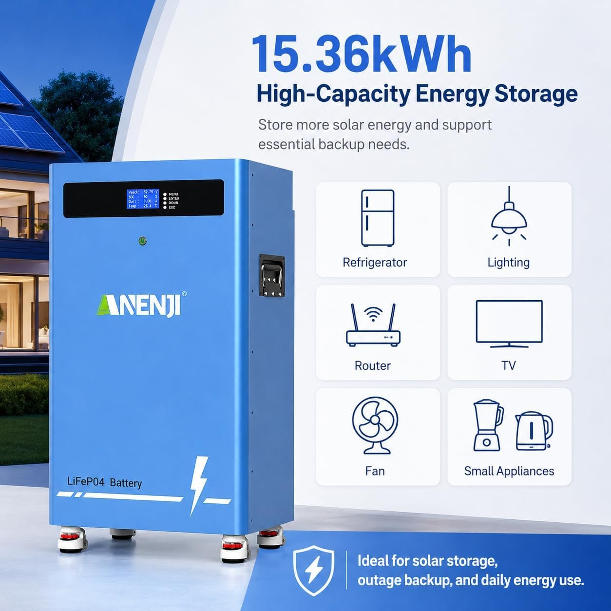 51.2V 300Ah LiFePO4 Lithium Battery, 15.36kWh 48V Solar Battery with Built-in 200A BMS, CAN/RS485 Communication, Deep Cycle Battery for Home Energy Storage, RV, Off-Grid - Image 6