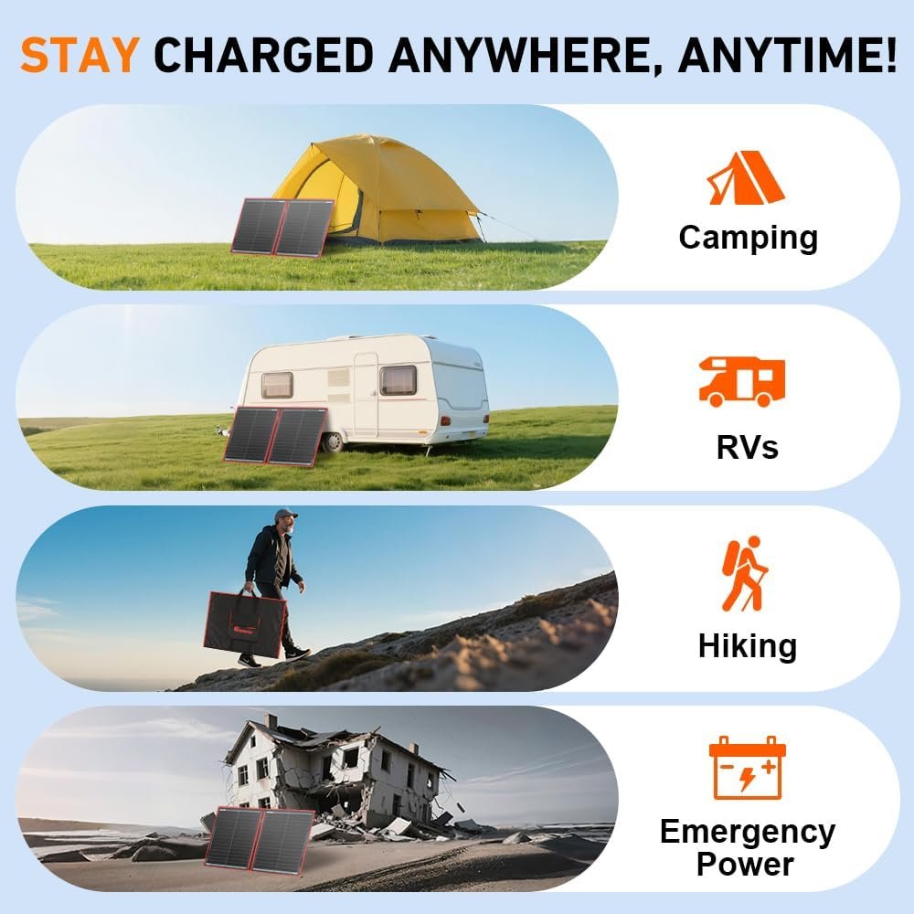 DOKIO 100W Portable Foldable Solar Panel Kit for 12V Battery Charging | Folds to 19 x 26 in and weighs 5.3 lb; includes controller and dual USB; for 12V batteries, power stations and camping. - Image 8