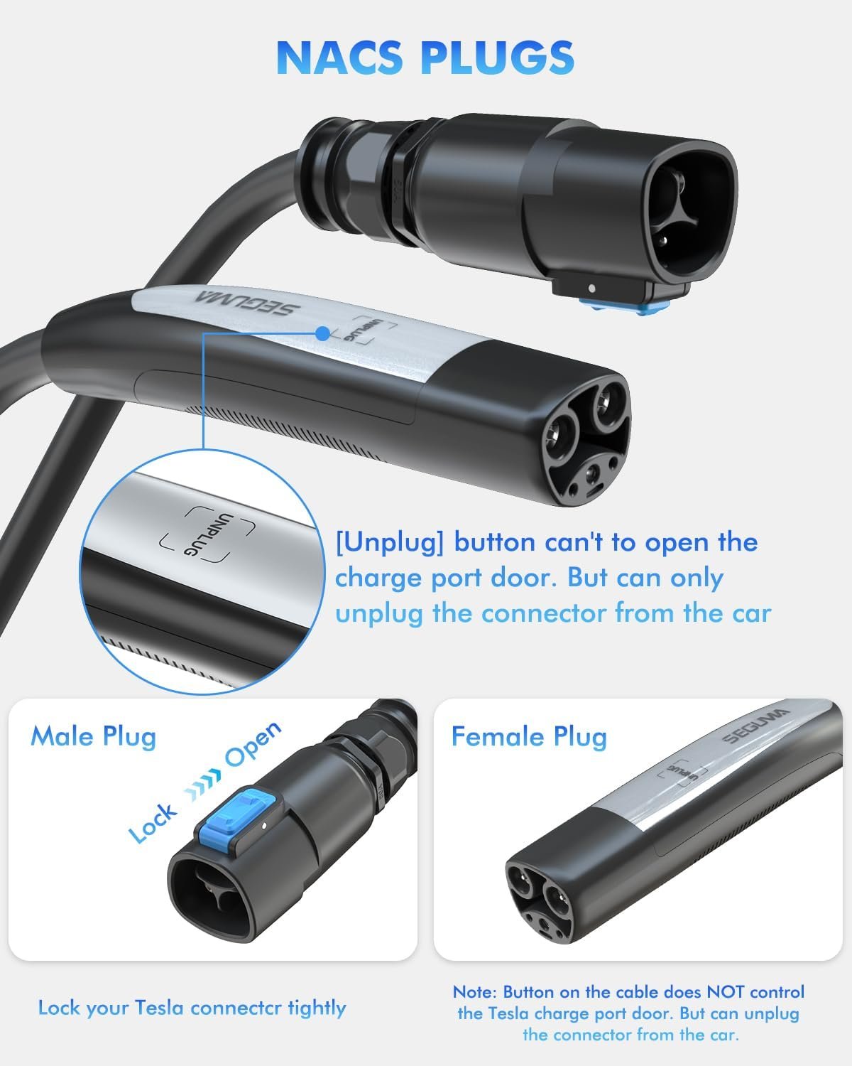 SEGUMA EV Extension Cable for Tesla, 50A 21FT 240V Extension Cord for NACS | 12KW NACS Extension Cord Compatible w Level 1/2 Tesla Charger, Tesla Wall/Destination Connector(not for Tesla Superchargers) - Image 4