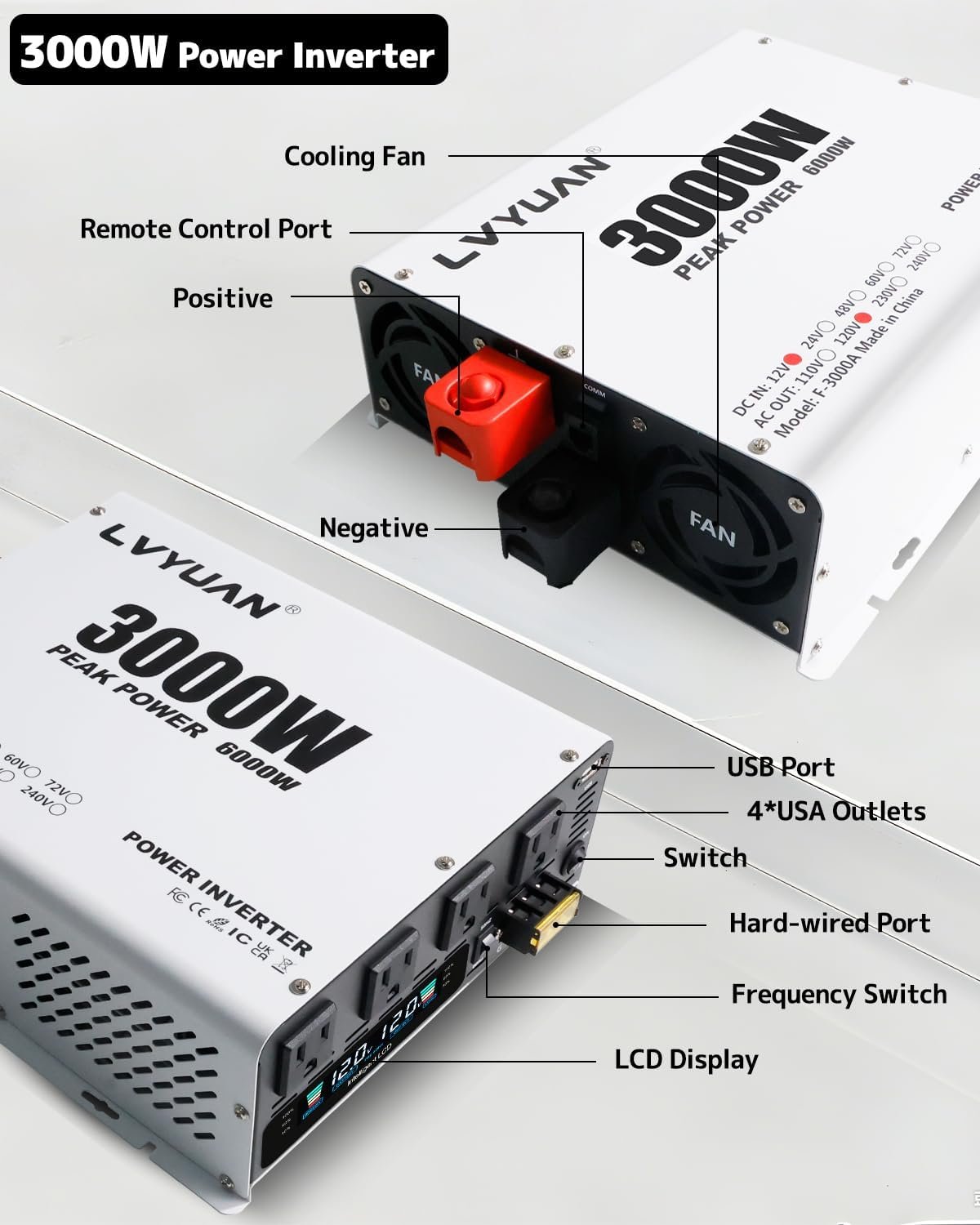 LVYUAN 3000 Watt Power Inverter 12V to 110V 120V DC to AC Converter for Home RV Vehicle Outdoor Camping Car Power Inverter with 4 AC Outlets, LCD Display, USB Charge Port, Remote Control - Image 6