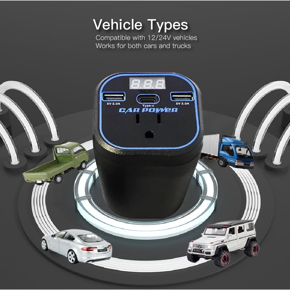 FAMIDGE 200W Car Power Inverter, 12v to 110v, Car Adapter with Dual USB and Type-C for Laptop, Black - Image 7