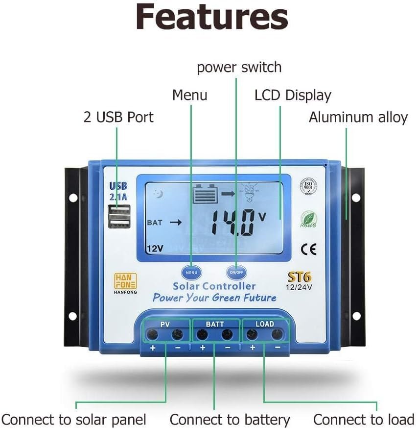 60A Solar Charge Controller 12V/24V Automatic Voltage Recognition Solar Panel Charging Discharge Regulator with Dual 5V USB Output Backlight LCD Display - Image 3