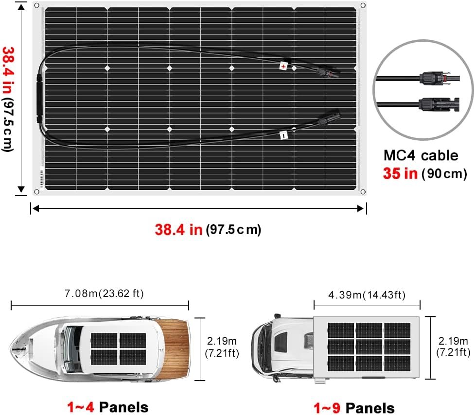 DOKIO 100W Flexible Solar Panel, 18V ETFE, for 12V RV and Marine Systems | Lightweight semi-flexible ETFE panel with MC4 leads; for RV, boat, van, trailer and other off-grid installations - Image 5