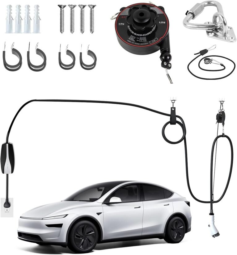 Flexible charging Universal EV Overhead Retractable Cable Management System for Tesla & Other Electric Vehicles,Garage Charging Cable Organizer for All Level 2 Chargers-Mounts to Ceiling and Wall