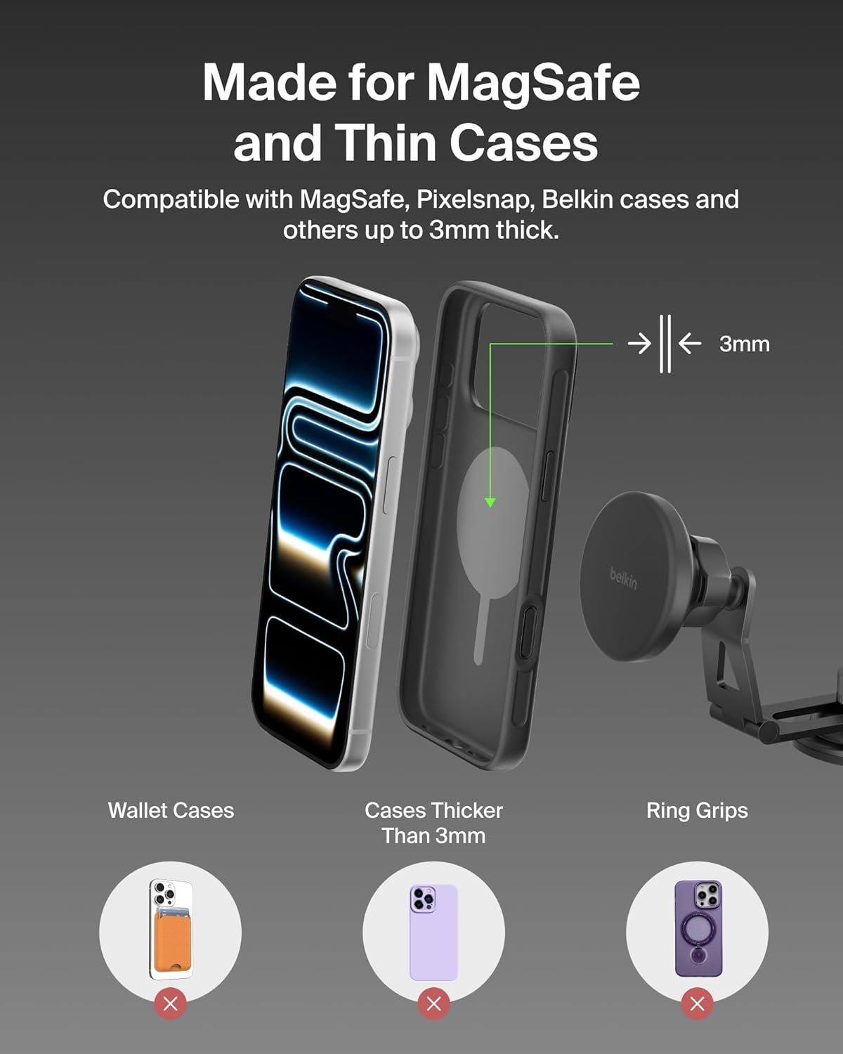 Belkin Qi2 15W Magnetic Wireless Mount for Tesla, Fast Charging Car Charger | MagSafe Compatible, iPhone 15/16/17, Samsung Galaxy S26, AirPods, iPads, MacBook, Chromebook, Car Phone Charger - Image 5