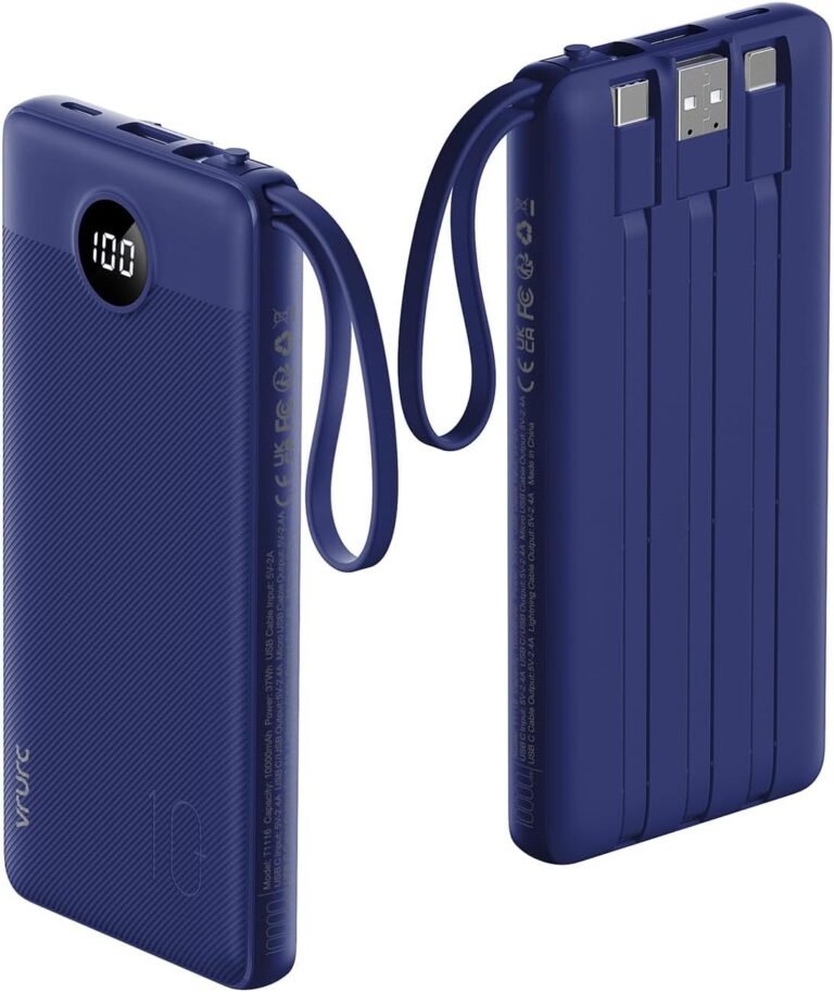 VRURC Portable Charger, Built in 4 Cables & Lanyard Power Bank 10000mAh | Compact USB C Phone Charging Bank 5 Outputs for Multi Devices,Travel Essential for Hiking Camping Business-Navy(1 Pack)