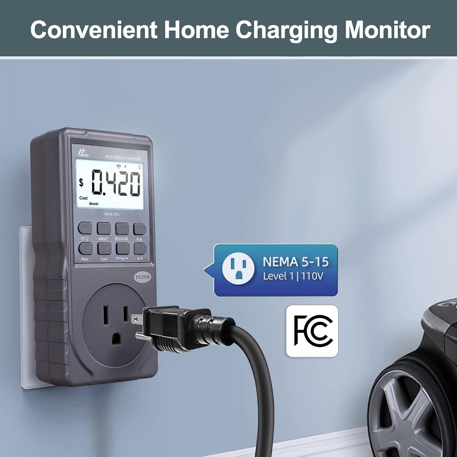 Poniie PN2500 Professional NEMA 5-15 Wi-Fi Wireless Level 1 EV Charger Pass-Through Power Usage Monitor (60-240V, 25Amp) - Image 4