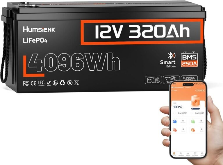 HumsiENK 12V 320Ah LiFePO4 Battery with Bluetooth, 4096Wh Deep Cycle Lithium Battery, 250A BMS (3200W Output), Low-Temp Cut-Off, 58.6lbs Ultra-Light Replacement for 3x 100Ah, RV, Marine, Solar