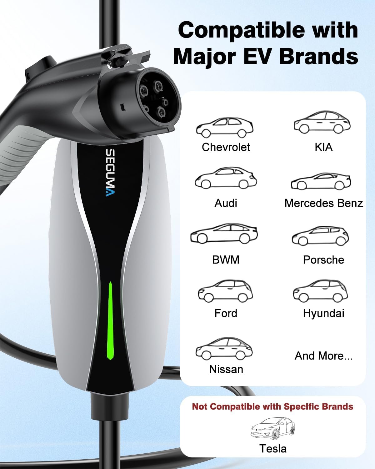 SEGUMA Level 1/2 EV Charger 16Amp Electric Car Charger for J1772 BEVs/PHEVs | 25FT Cable, NEMA 6-20 Plug and NEMA 5-15 Adapter, 110V-240V, Home Mobile EV Charging Station, Silver - Image 5
