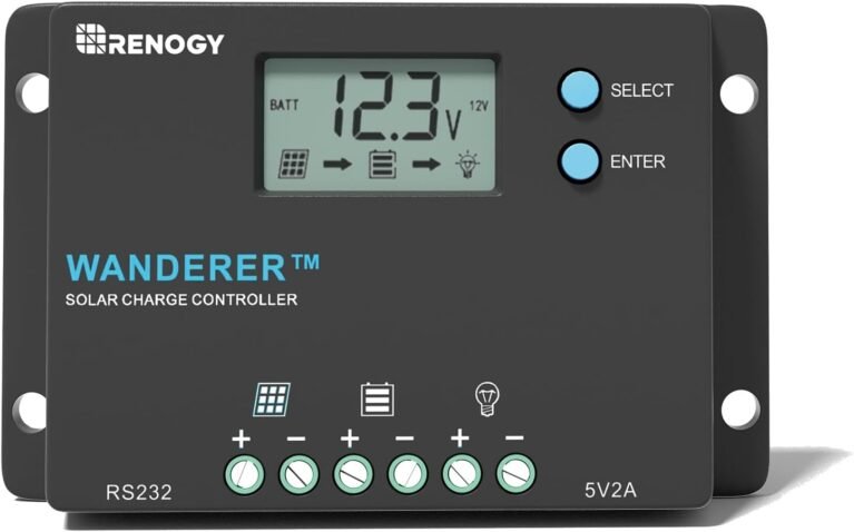 Renogy 12/24V 10A Wanderer PWM Solar Charge Controller for Solar Panels | 50V PV input, AGM/Gel/Flooded (auto), Li (manual), LCD, overcharge/ short protection, negative ground, temp comp, for RVs