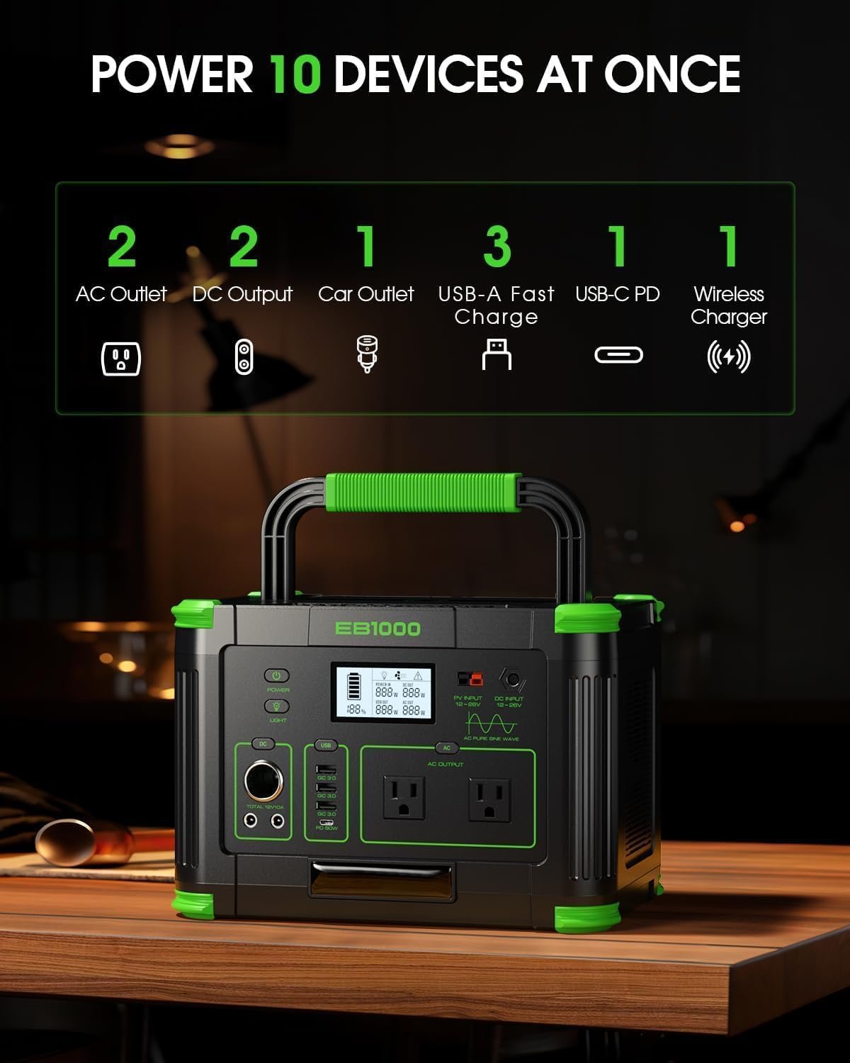 1000W Portable Power Station 999Wh, Solar Generator for Outdoor Emergency | 10 Ports & 60W PD USB-C Fast Charging, 120V Pure Sine Wave AC Outlet for Home Backup, Camping, Fishing, RV, Van Travel - Image 3