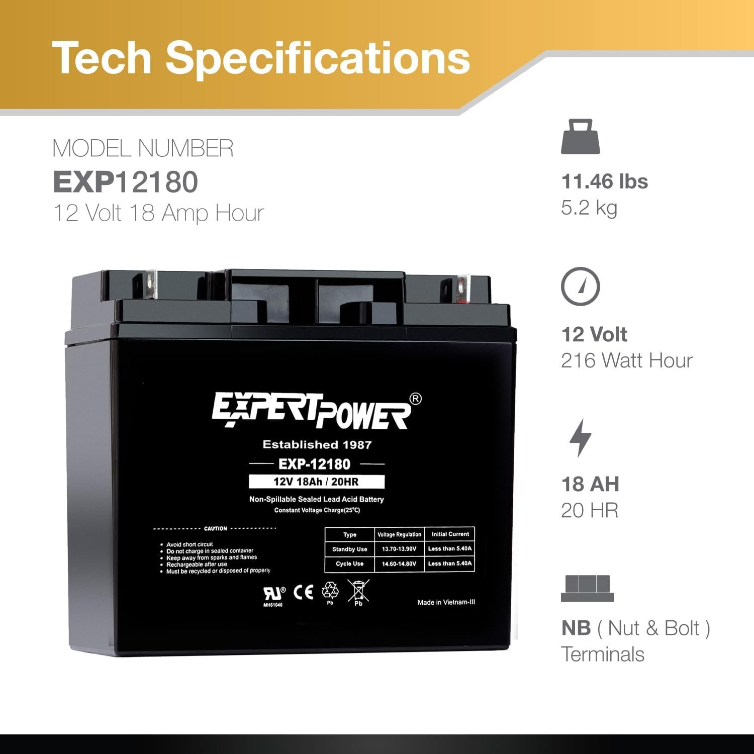ExpertPower 4 Pack EXP12180 12V 18Ah / 20HR AGM - Rechargeable 12V Battery Sealed Lead Acid Battery, Small 12 Volt Batteries for Alarm Systems, Generator, Wheelchair, Solar Power, UPS Replacement - Image 3