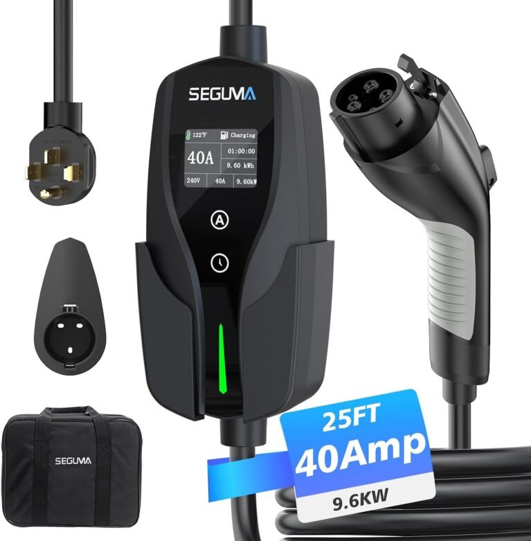 SEGUMA Level 2 EV Charger, 40Amp Electric Car Chargers for J1772 BEVs/PHEVs | 25FT Cable, NEMA 14-50 Plug, Adjustable Current, Timing Delay, Electric Vehicle Chargers, 240V 9.6kW